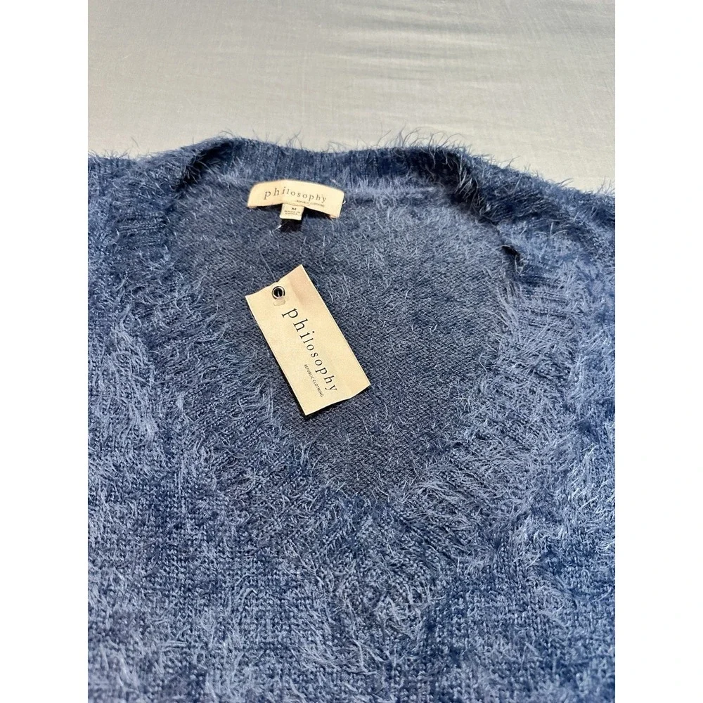 NWT PHILOSOPHY Blue Sweater Womens M Soft Fuzzy V Neck Casual Oversized Coastal‎